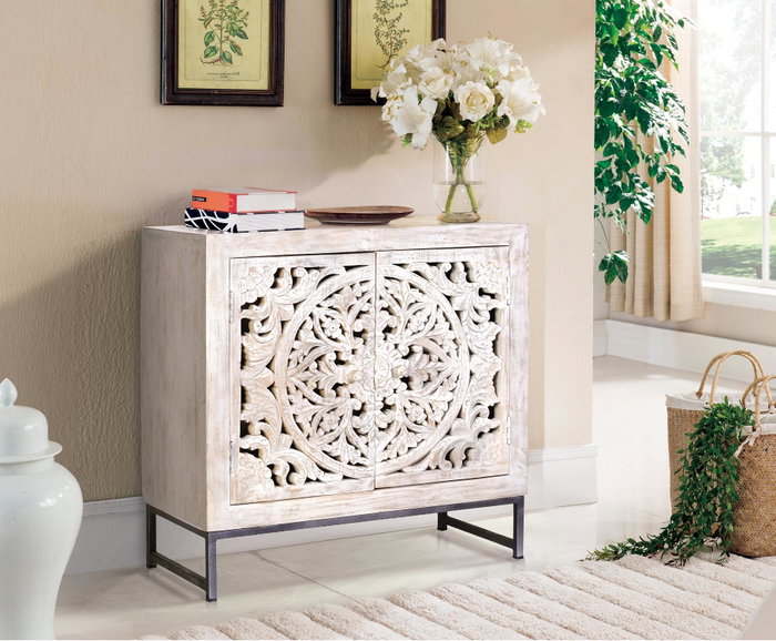 GINER Y COLOMER Buffet de salon en mangue massif avec pieds en fer - Finition blanc vieilli et gris, 80x80x35 cm